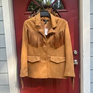 NWT Brown Faux Suede Western Fringe Jacket, Lined, Studded Trim, Size Large